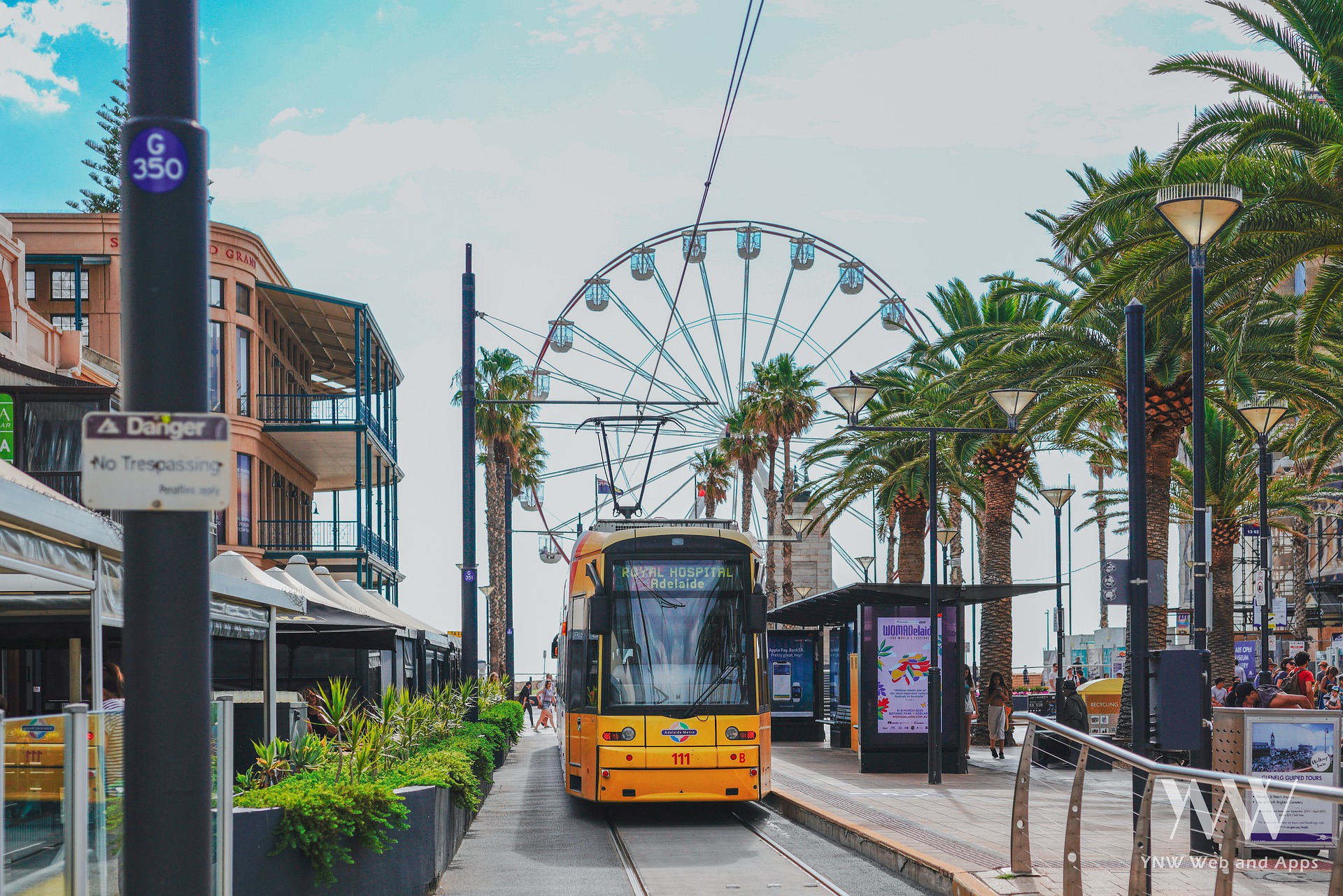 adelaide downtown area with shops and trolley