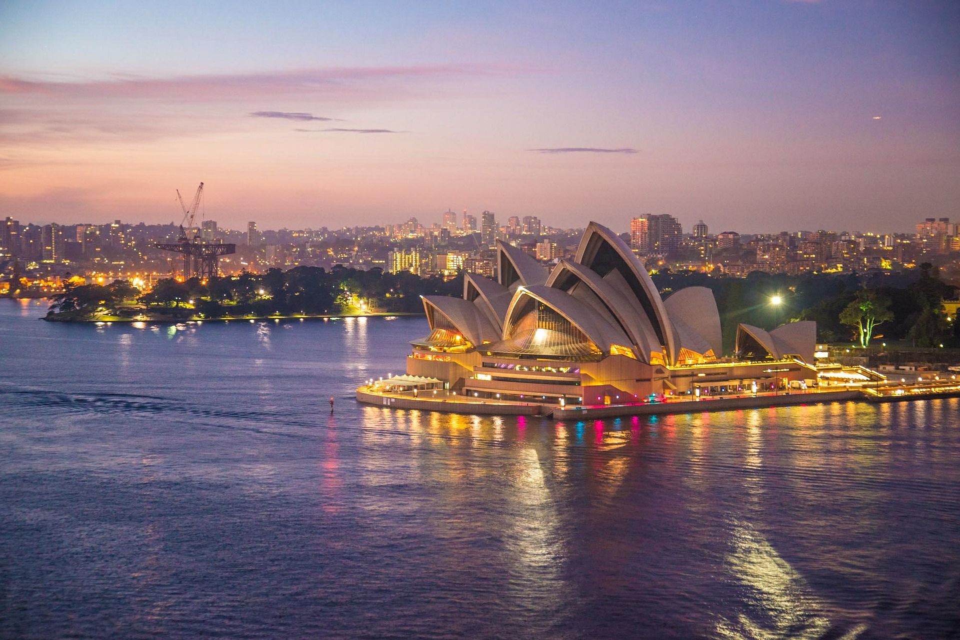 sydney harbor and opera house at night with cityscape in the background