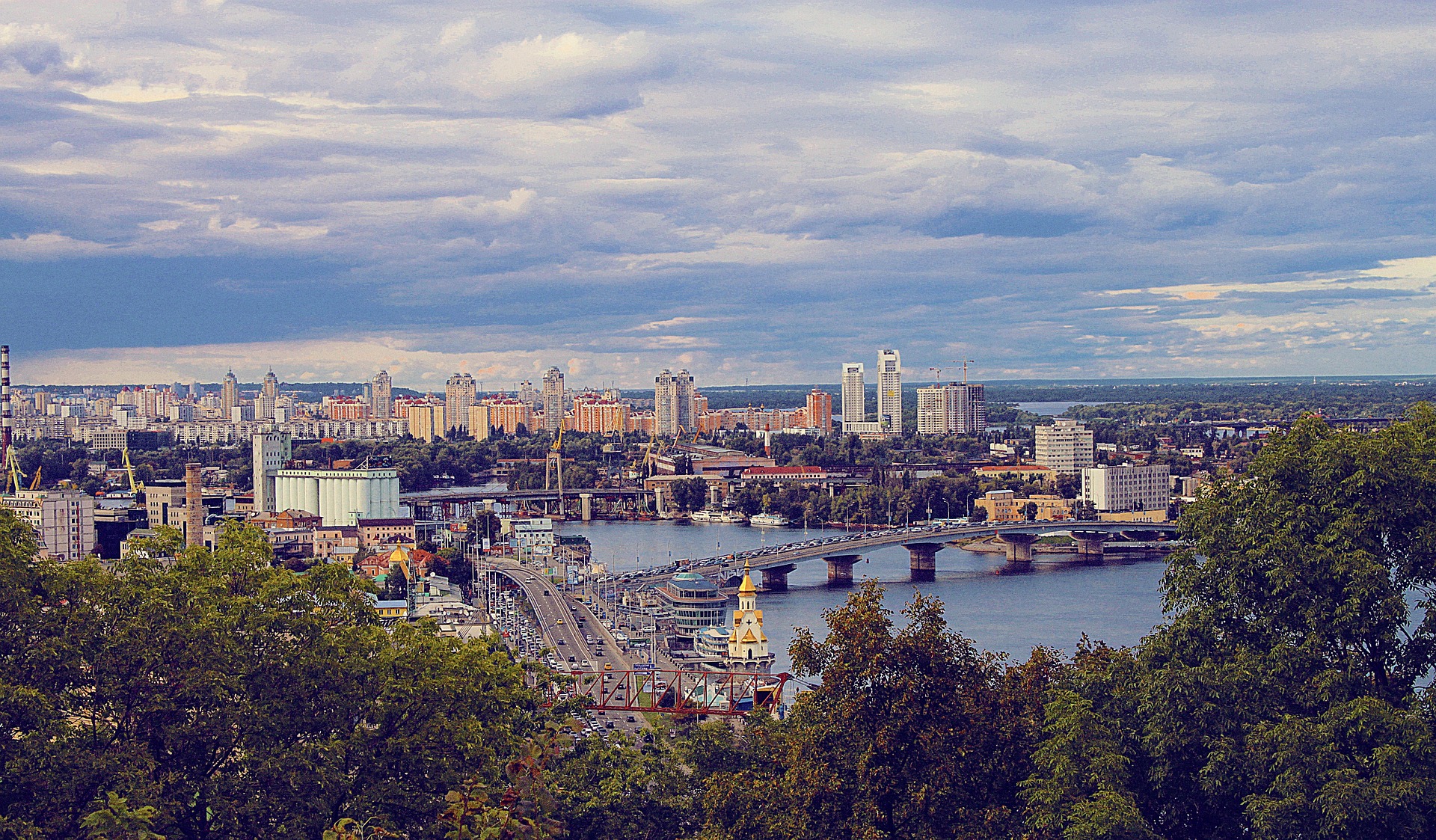 ukraine skyline and bridge crossing over water