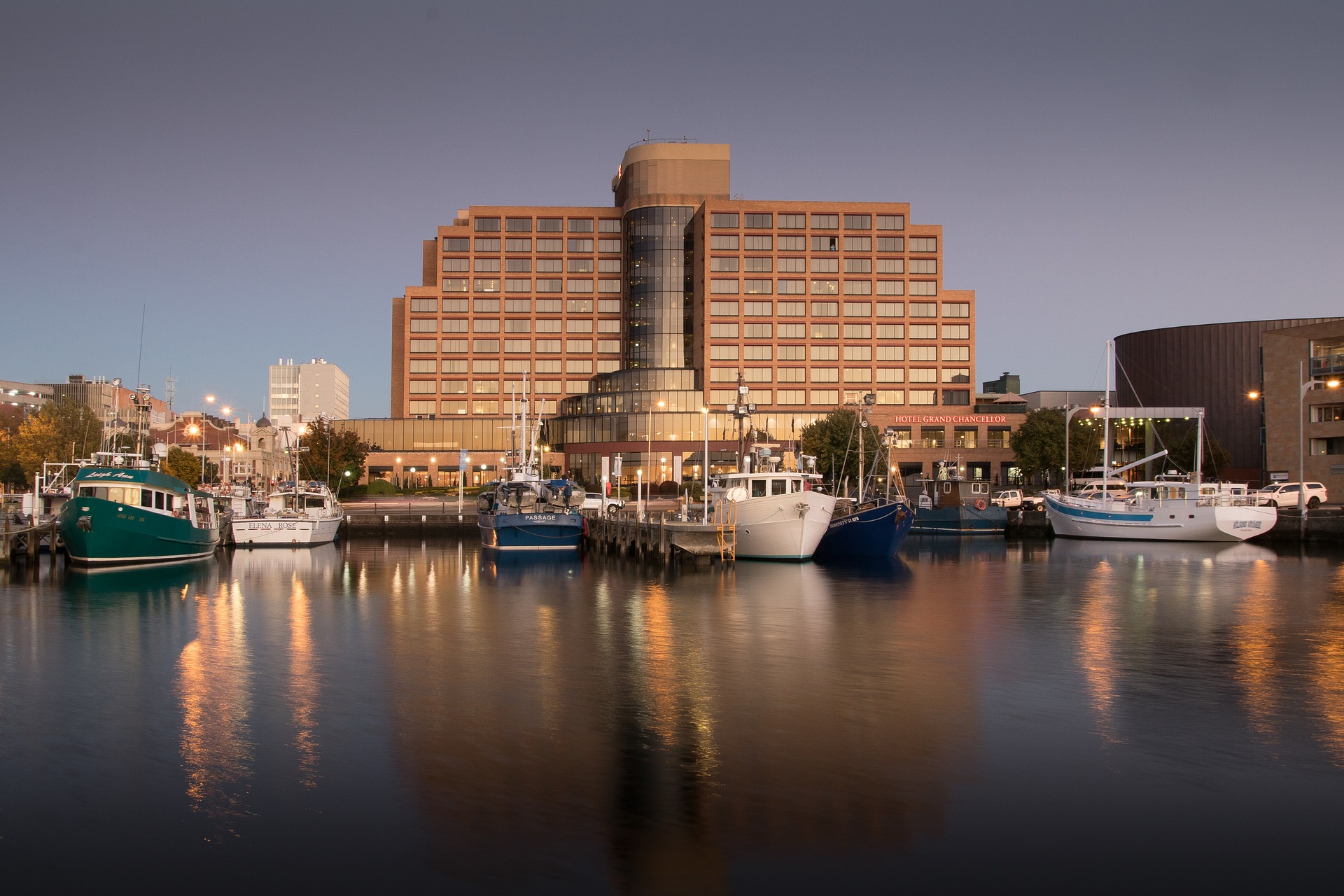 waterfront dock in hobart australia with a modern building in the background