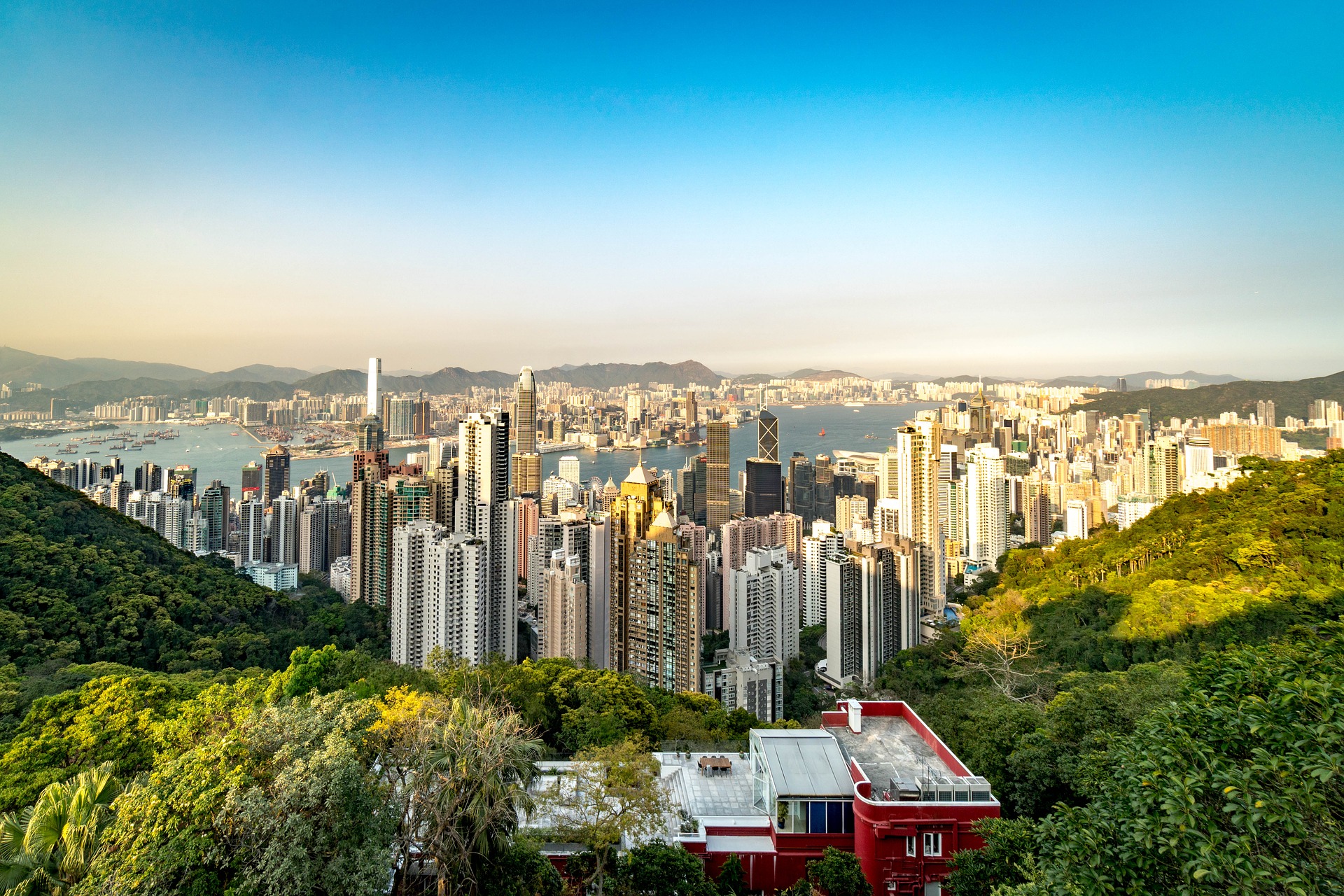 hong kong skyline looking down on skycrapers from the lush peak neighborhood
