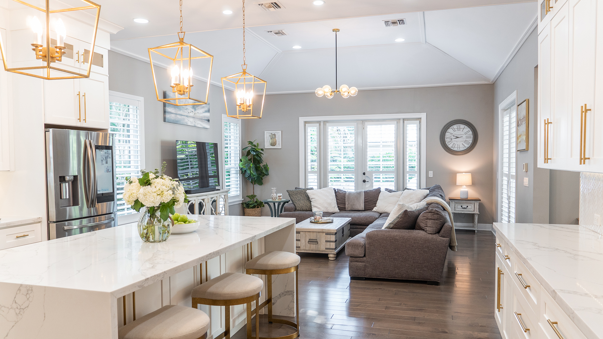 Interior view of a home with gold hardware and accents