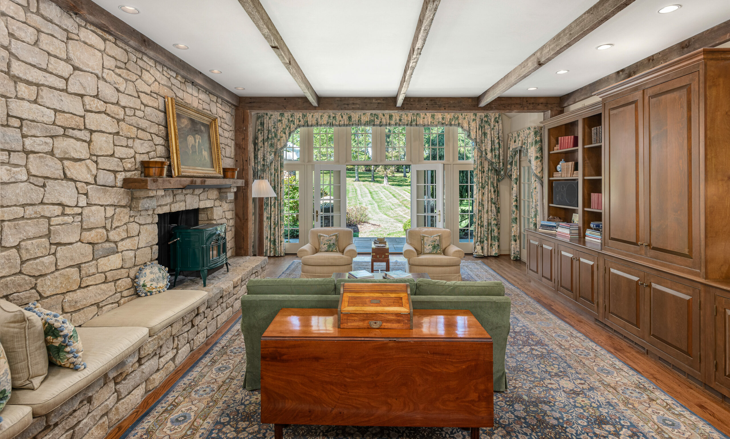 interior view of the home with stone walls.