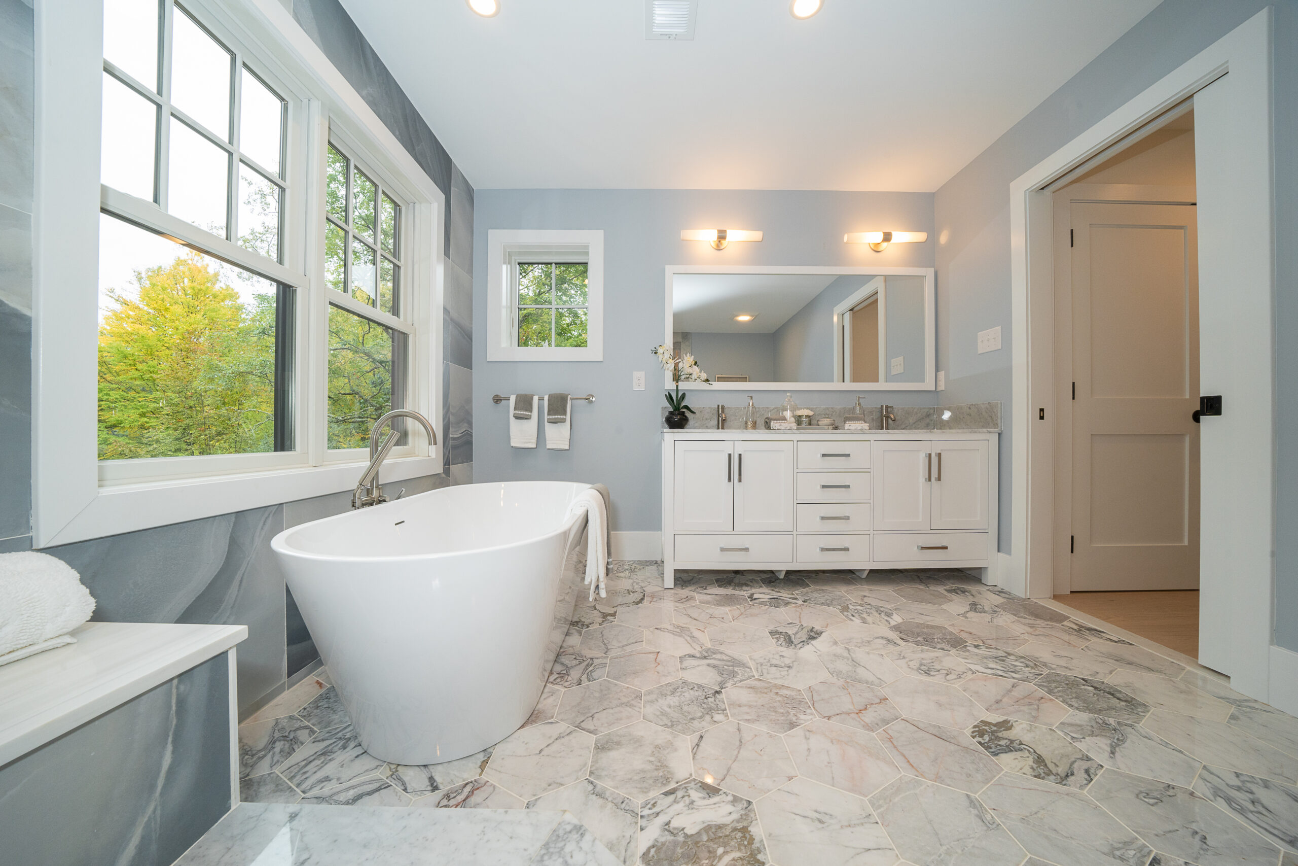 Interior view of hexagonal marble tiling