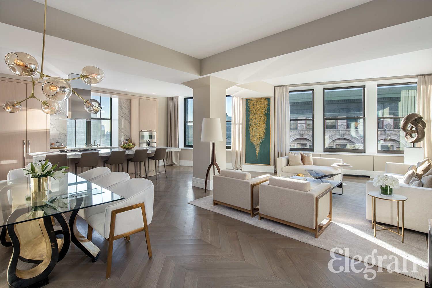 Interior view of a living room with herringbone flooring