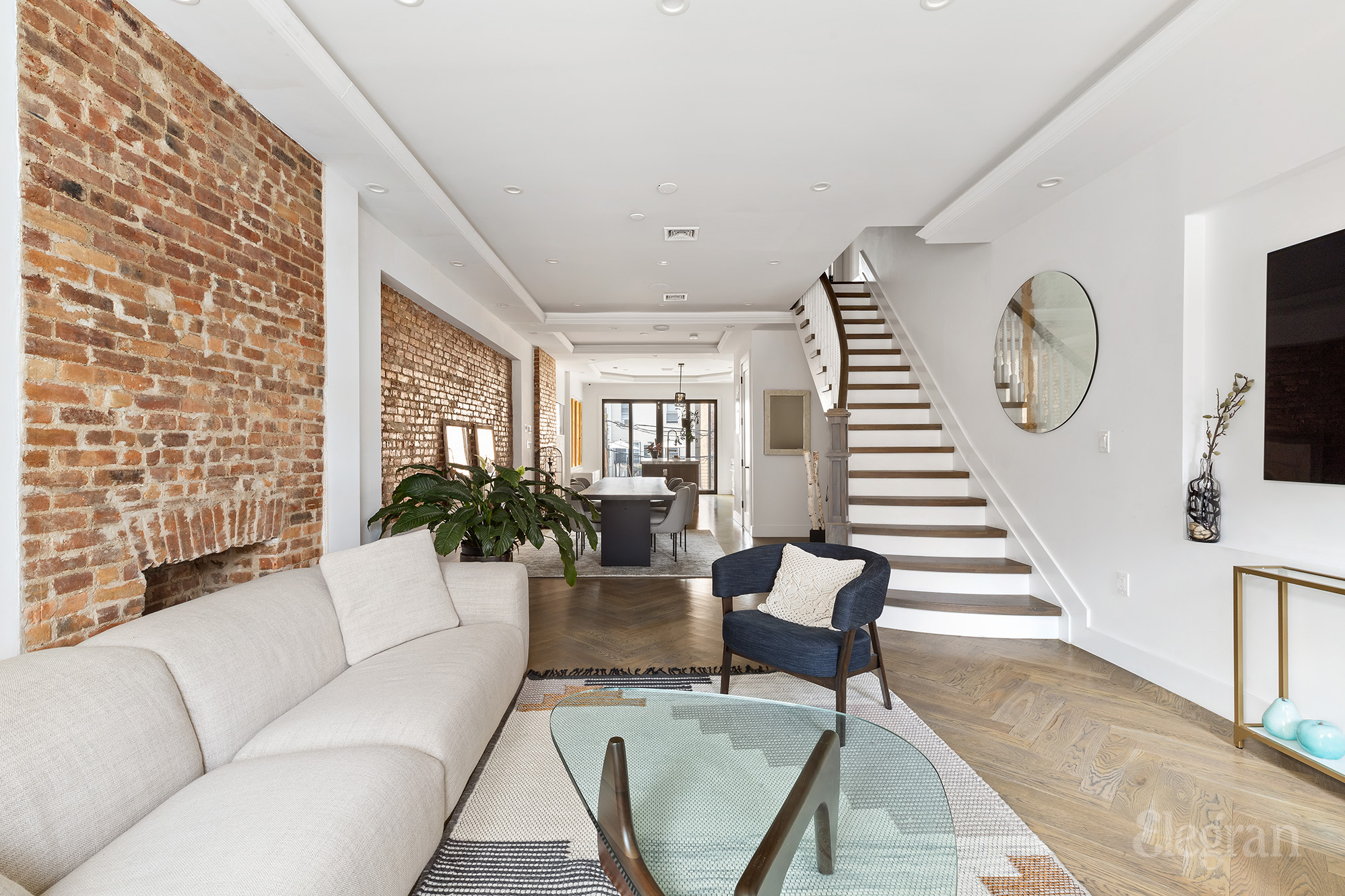Interior view of a home with herringbone flooring.