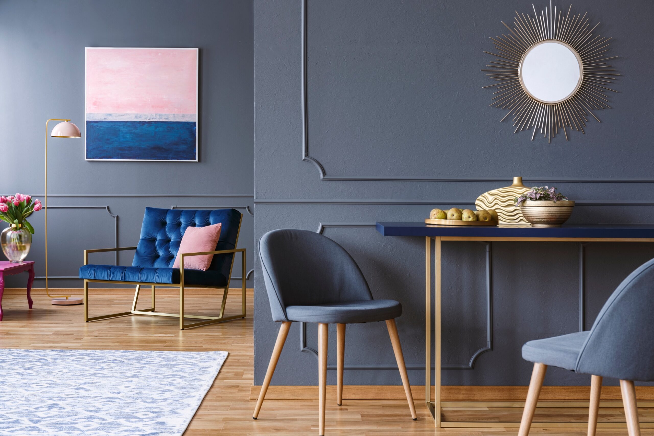 Blue Living Room Entry Modern Table Wainscoting